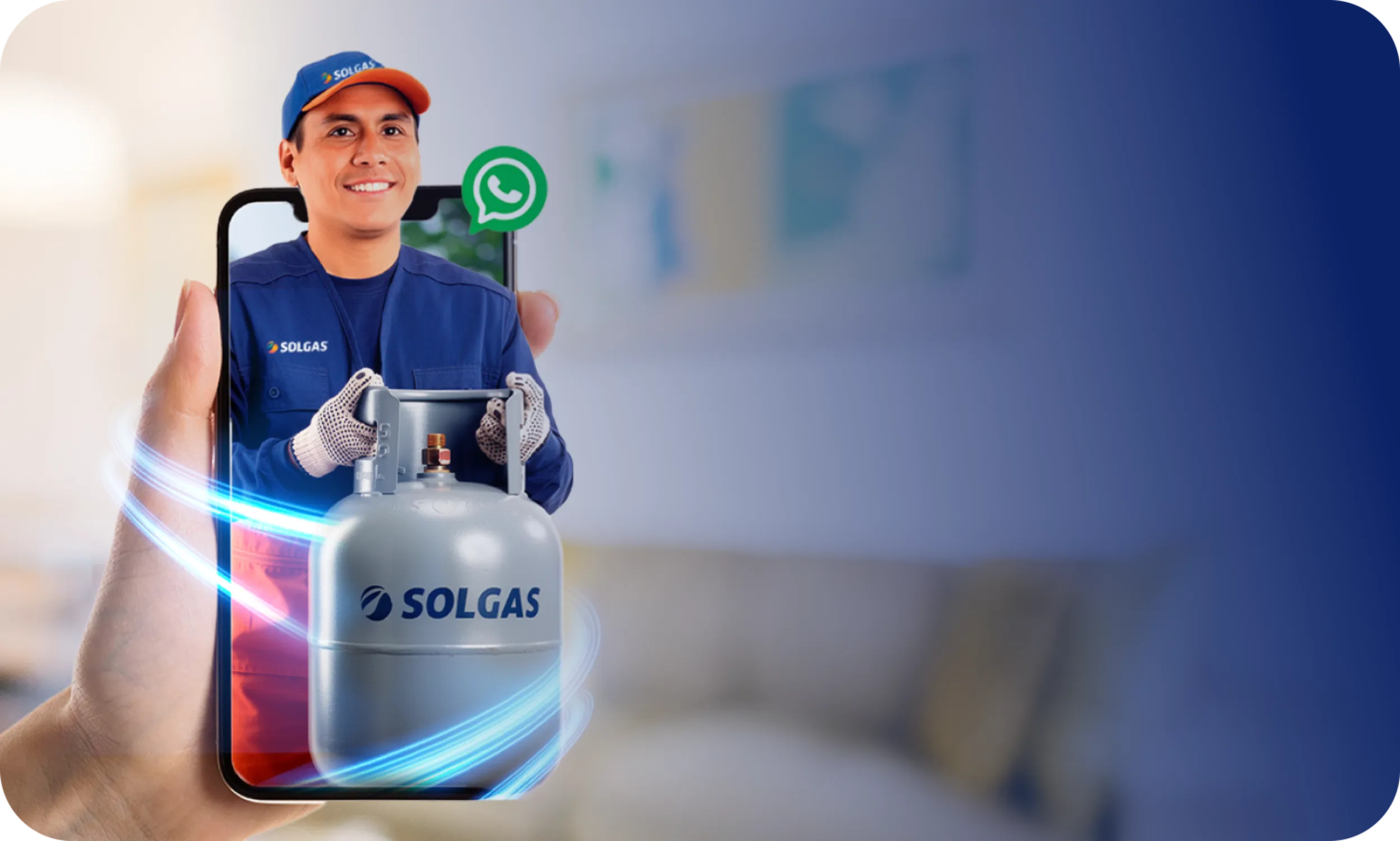 Repartidor de Solgas con un balón de gas saliendo de un celular con WhatsApp